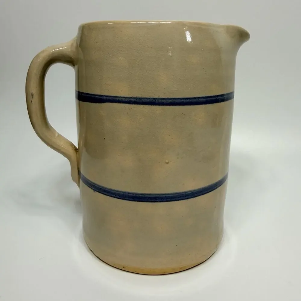Vtg Stoneware Crock Pottery Pitcher Cobalt Blue Stripe Handpainted Strawberries
